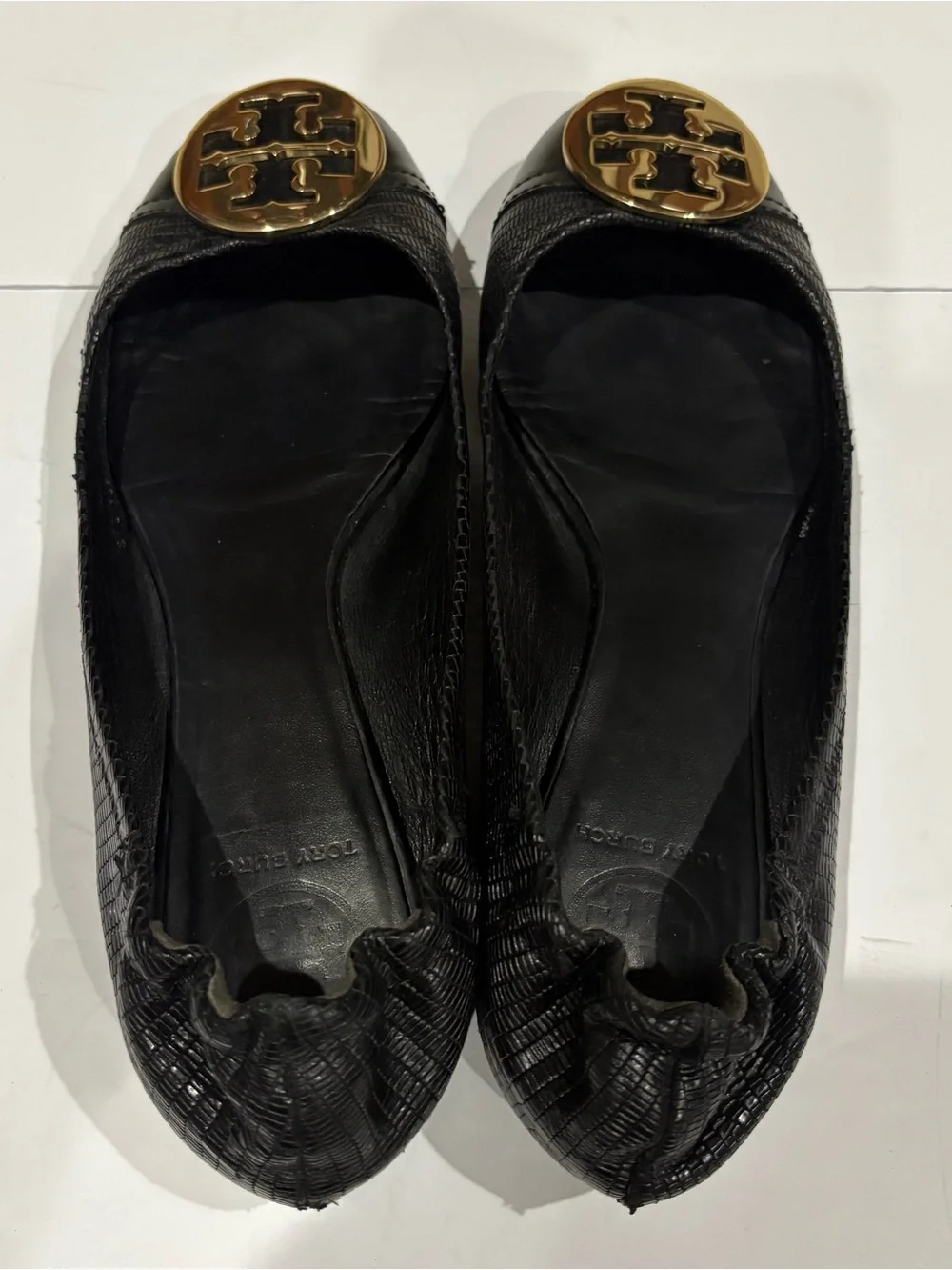Tory Burch Black Leather Logo Cap-Toe Ballet Flats with Gold Emblem